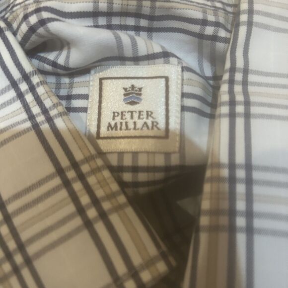 Peter Millar Dress Shirt Mens L Button Down Collar Plaid Gray Beige Corpcore - Picture 3 of 12